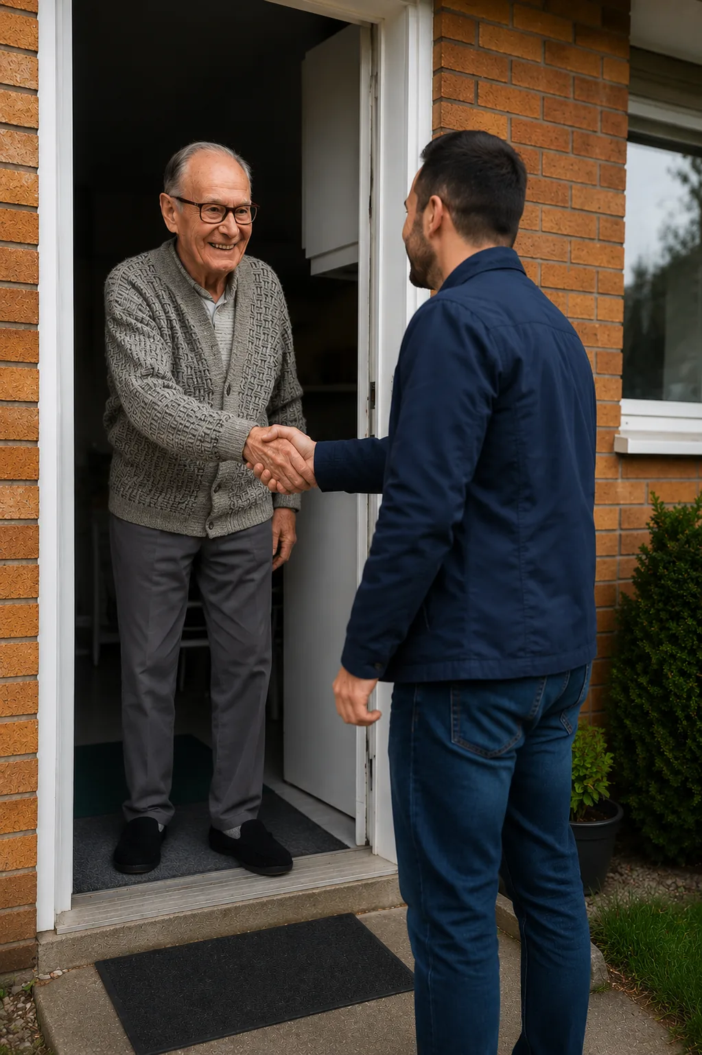 Senior wita opiekuna u drzwi - codzienne wsparcie