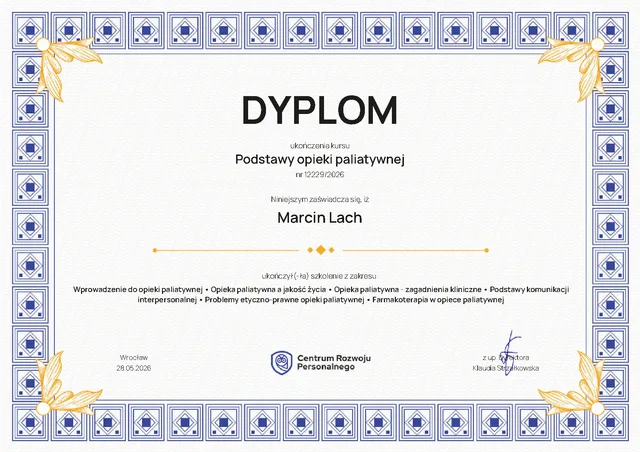 Dyplom ukończenia kursu Podstawy opieki paliatywnej
